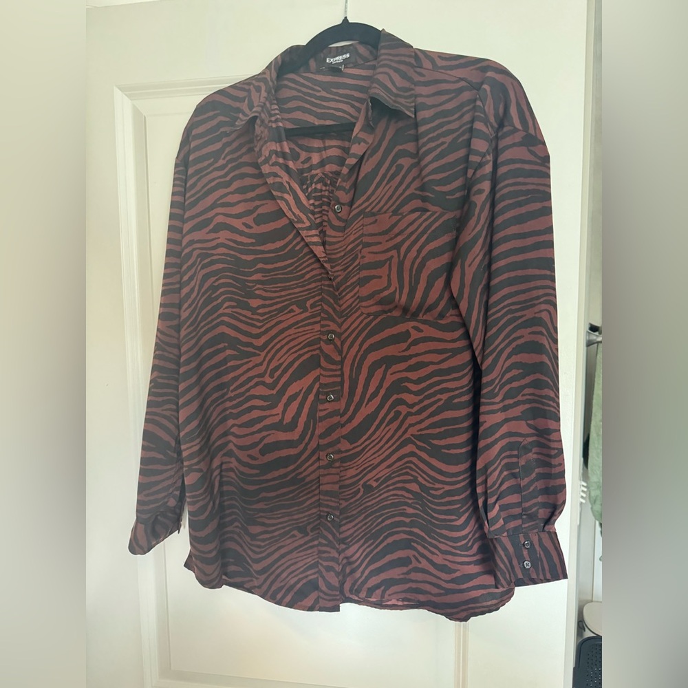 Express Boyfriend Burgundy/Brown and Black Button Down Shirt
